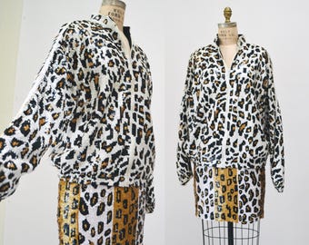 80s 90s Vintage Sequin Jacket Skirt Medium Leopard Cheetah Animal Pattern// 90s Glam Metallic Sequin Jacket Skirt Set Modi Sequin