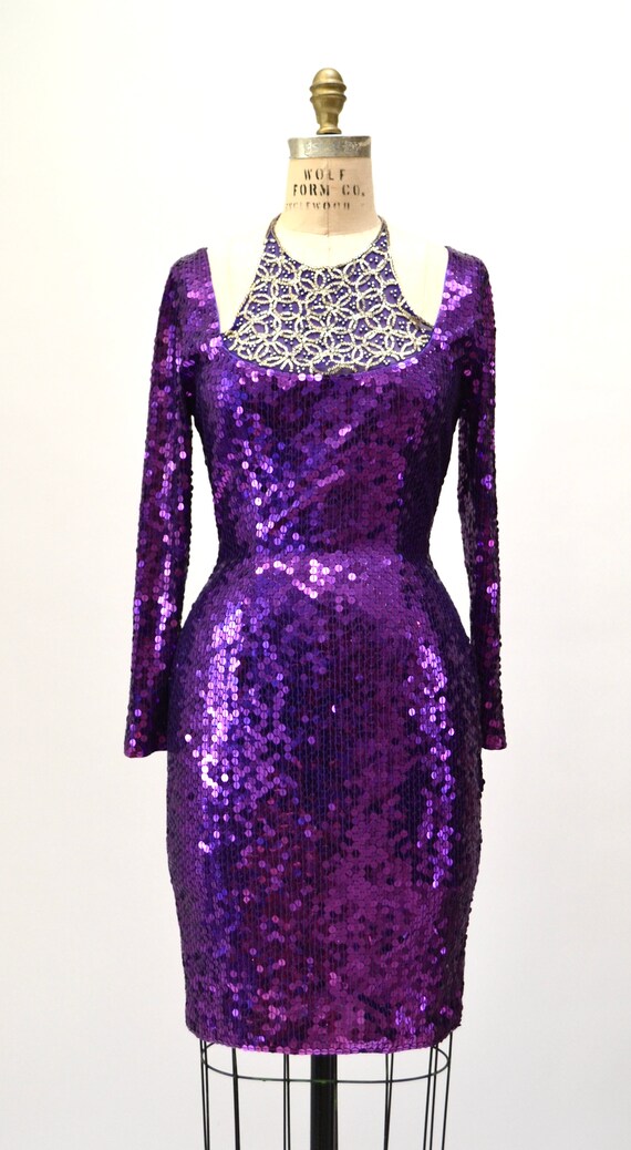 90s Vintage Purple Sequin Dress Medium Metallic D… - image 6