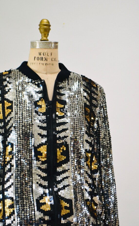 Vintage 80s 90s Silver Sequin Party Bomber Jacket… - image 3