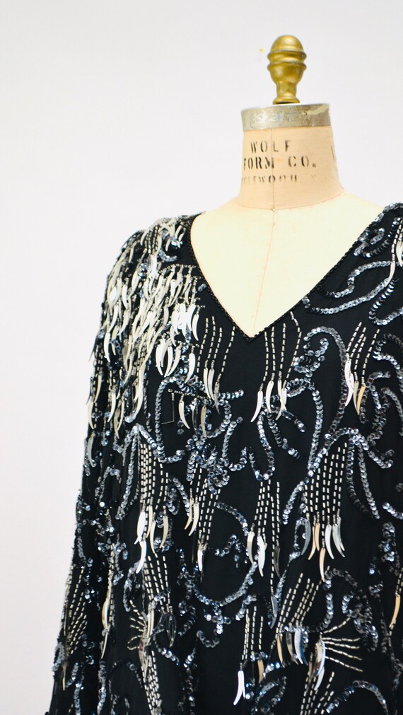 80s Glam Sequin Party Top Black Silver Metallic 8… - image 3