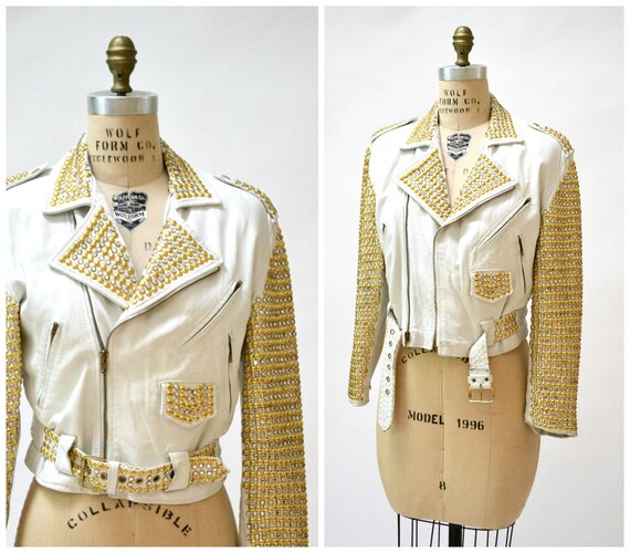 Vintage White Leather Biker Jacket with Rhineston… - image 2