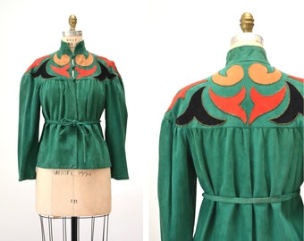 Vintage 70s Green Suede Leather Jacket Beaded Patchwork Small Medium Anthony Muto for Saz II 70s Boho Vintage Green Leather Beaded Jacket