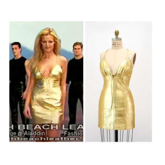 2000s Y2k Vintage Gold Leather Lace up Dress by M… - image 1