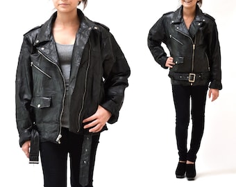 Vintage Black Leather Motorcycle Jacket SIze Mens Small Women Large XL// Vintage Black Leather Biker Jacket Size Large XL Patchwork Leather