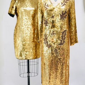 70s 80s Vintage Gold Sequin Dress Vintage Gold Metallic Dress medium large // Sequin Dress Flapper Inspired Cher Dress 80s Glam image 3