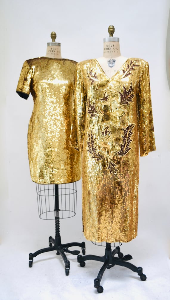 70s 80s Vintage Gold Sequin Dress Vintage Gold Me… - image 3