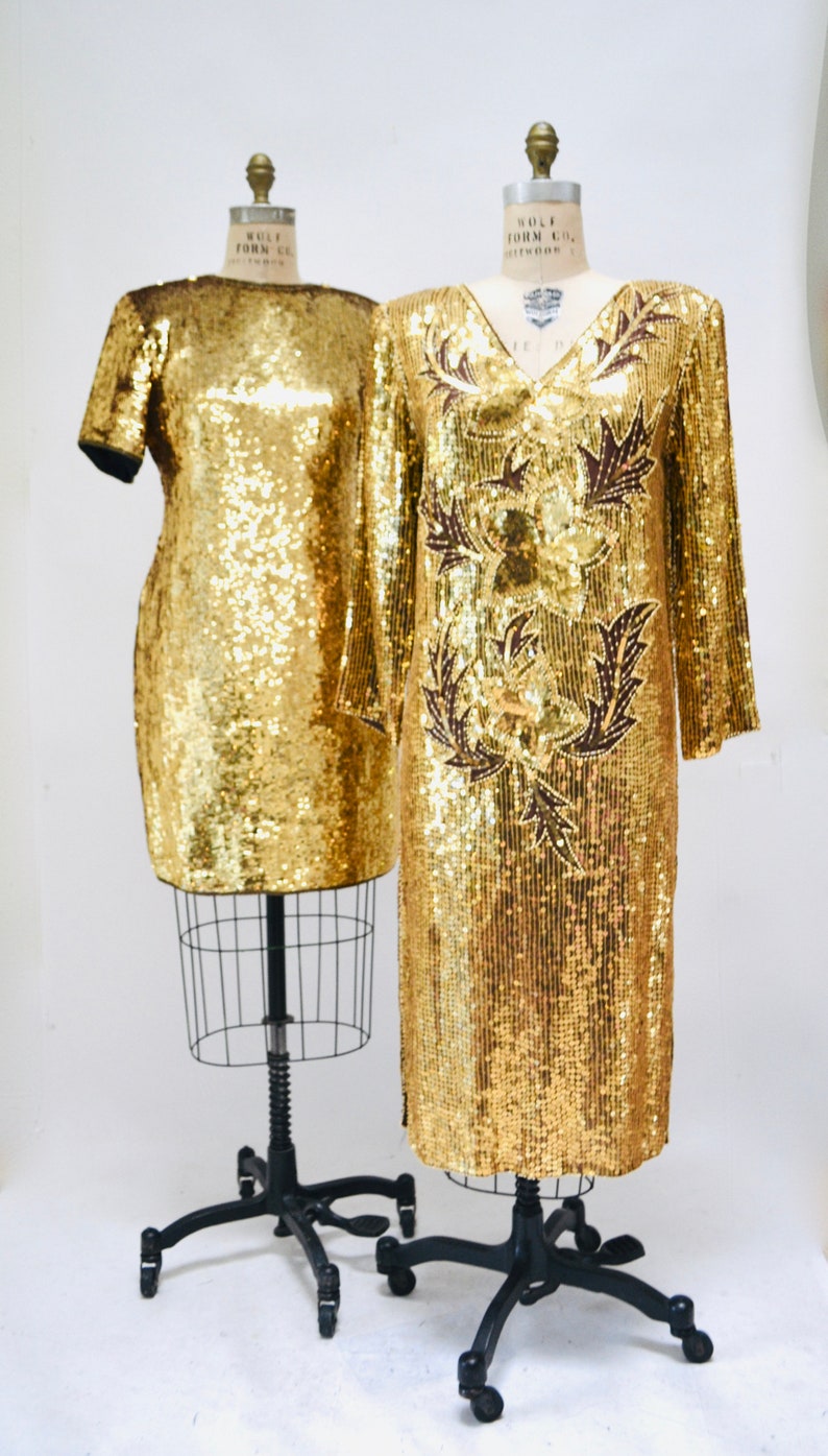 70s 80s Vintage Gold Sequin Dress Vintage Gold Metallic Dress medium large // Sequin Dress Flapper Inspired Cher Dress 80s Glam image 3