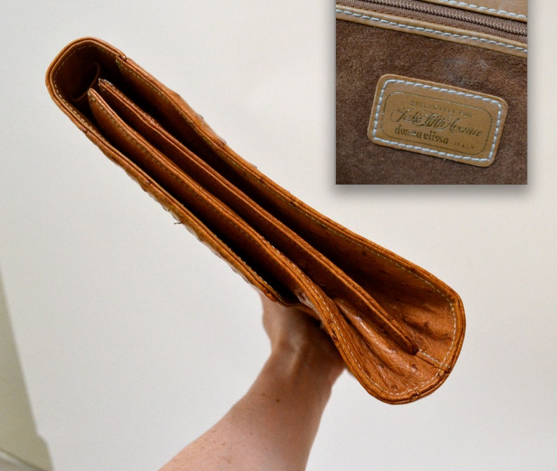70s vintage tan leather fold-over clutch with faux reptile accent and gold corners
