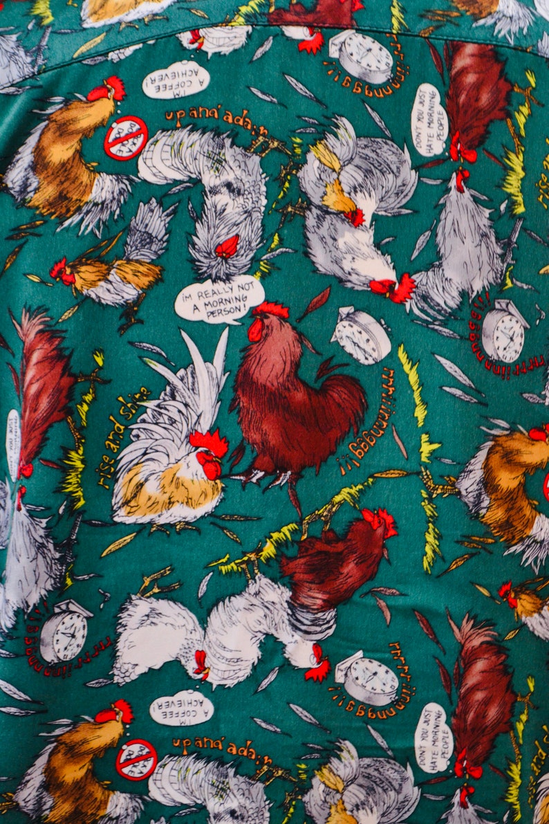 90s Nicole Miller Vintage Silk Shirt Printed Chickens Coffee// Vintage Silk Chicken Bird Animal Printed Shirt Green Button Down Medium image 8