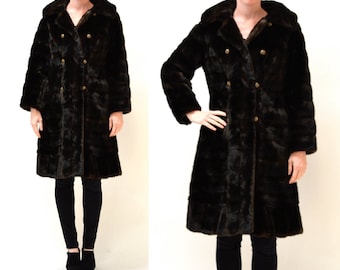 Vintage Faux Fur Coat Size Medium Black Brown Beaver// Vintage Brown Black Vegan Fur Coat Jacket Size Medium Large Mink Beaver