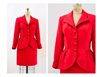 90s Vintage Red Suit Jacket Skirt Suit Small Medium Victor Costa 90s Red Suit Rhinestone Button Jacket Skirt Politician Cocktail Party Suit