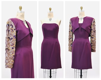 Jaren 90 vintage zijden kralen pailletten metallic jasje en strapless jurk van Raoul Arango paarse wijn cocktailjurk lovertjes bolero jasje medium