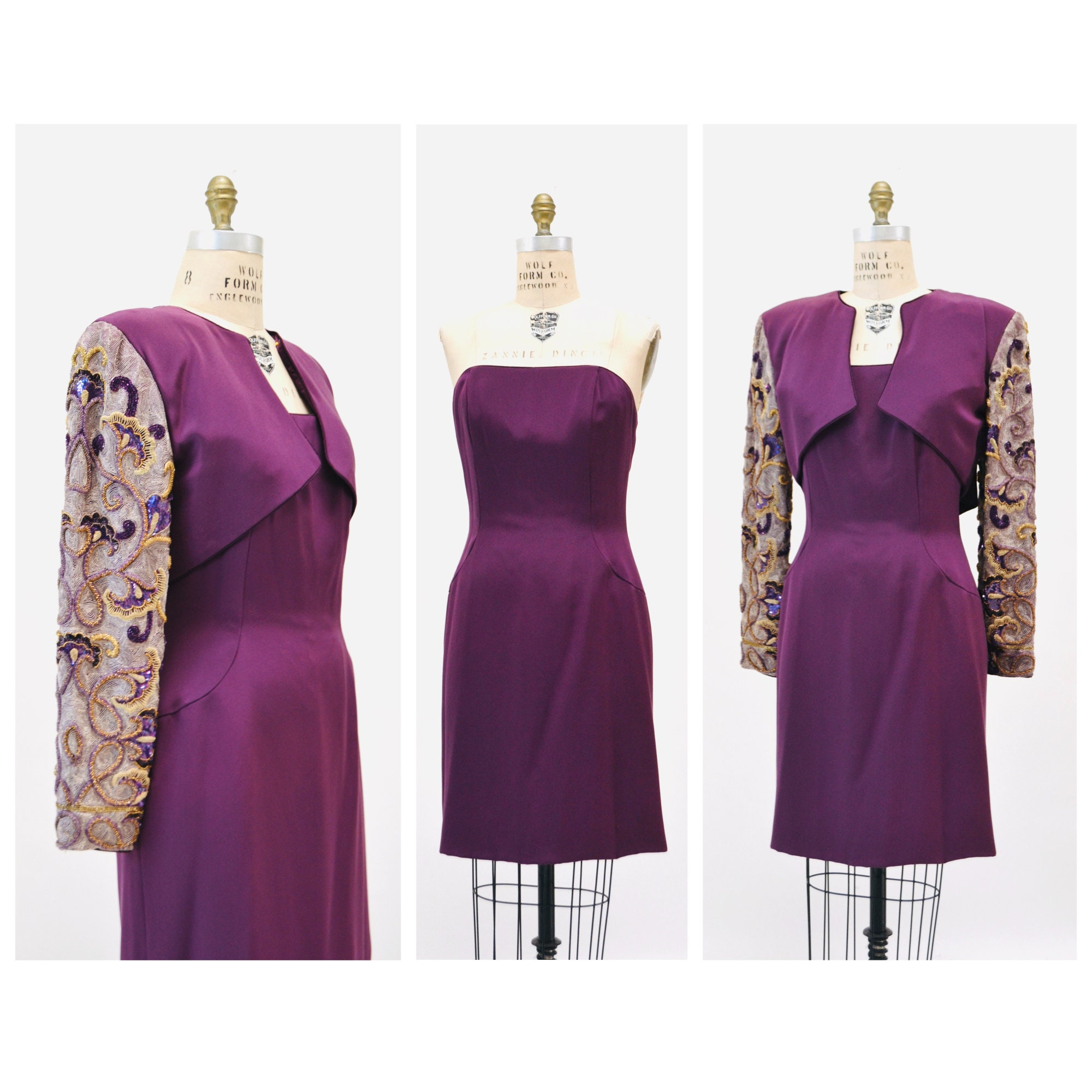 90S Vintage Silk Beaded Sequin Metallic Jacket & Strapless Dress By Raoul Arango Purple Wine Cocktail Bolero Medium