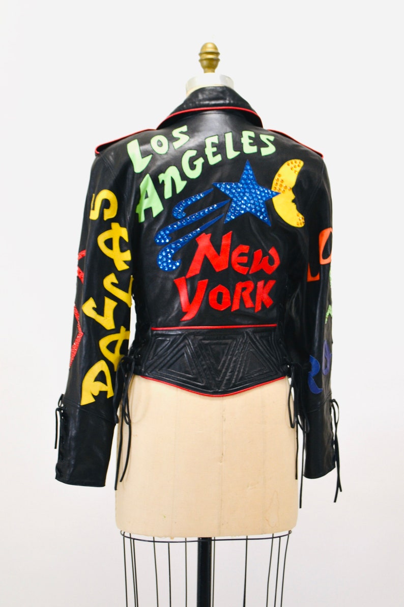 90s Vintage Black Leather Rhinestone Motorcycle Jacket by John Michael Los Angeles, New York, Rome, Tokyo, Paris Leather Biker Jacket Medium image 5