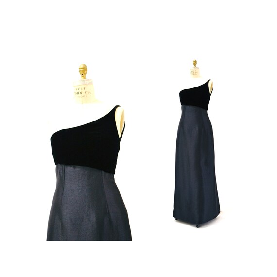 90s 00s Y2K Vintage Black Evening Gown Asymmetric… - image 2