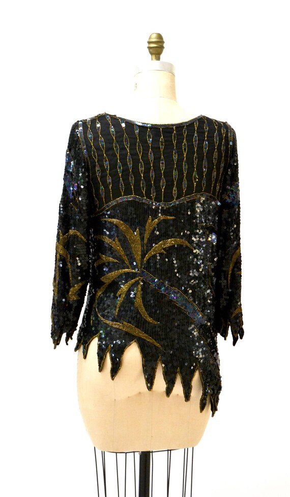 Vintage Metallic Sequin Shirt Black Art Deco Flap… - image 7