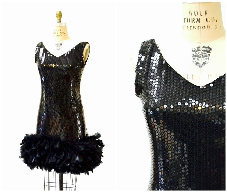 80s Vintage Black Sequin Feather Dress Small // Vintage Party Flapper Black sequin Dress Feather Boa Showgirl Dress Small Dana Deatherage image 2