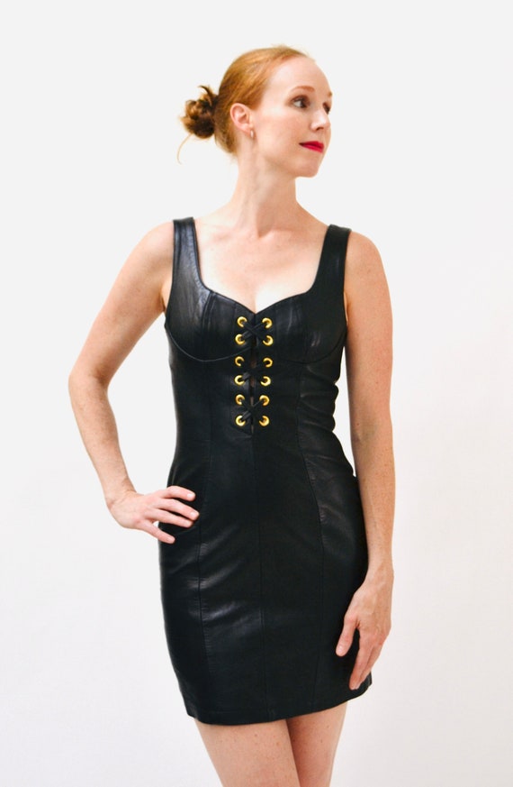 Vintage Black Leather Dress with Lace Up by Micha… - image 5