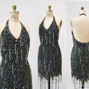 90s Vintage Black Silver Beaded Fringe Showgirl Dress Medium // 90s Black Silver Beaded Halter Dress Party Fringe Flapper Dress Nite line image 8