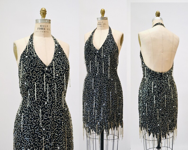 90s Vintage Black Silver Beaded Fringe Showgirl Dress Medium // 90s Black Silver Beaded Halter Dress Party Fringe Flapper Dress Nite line image 8