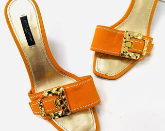 Vintage 90s 00s Louis Vuitton Orange Gold Cotton Leather High Heel Sandals Slides Size 36 6 High Heels Slides Wedding Shoes size 36 6