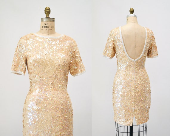 90s Vintage Sequin Dress Cream Off White Sequin D… - image 1