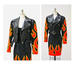 Vintage Black Leather Motorcycle Jacket Red by Michael Hoban North Beach// Vintage Leather Biker Jacket with Flames Black Size Small Medium