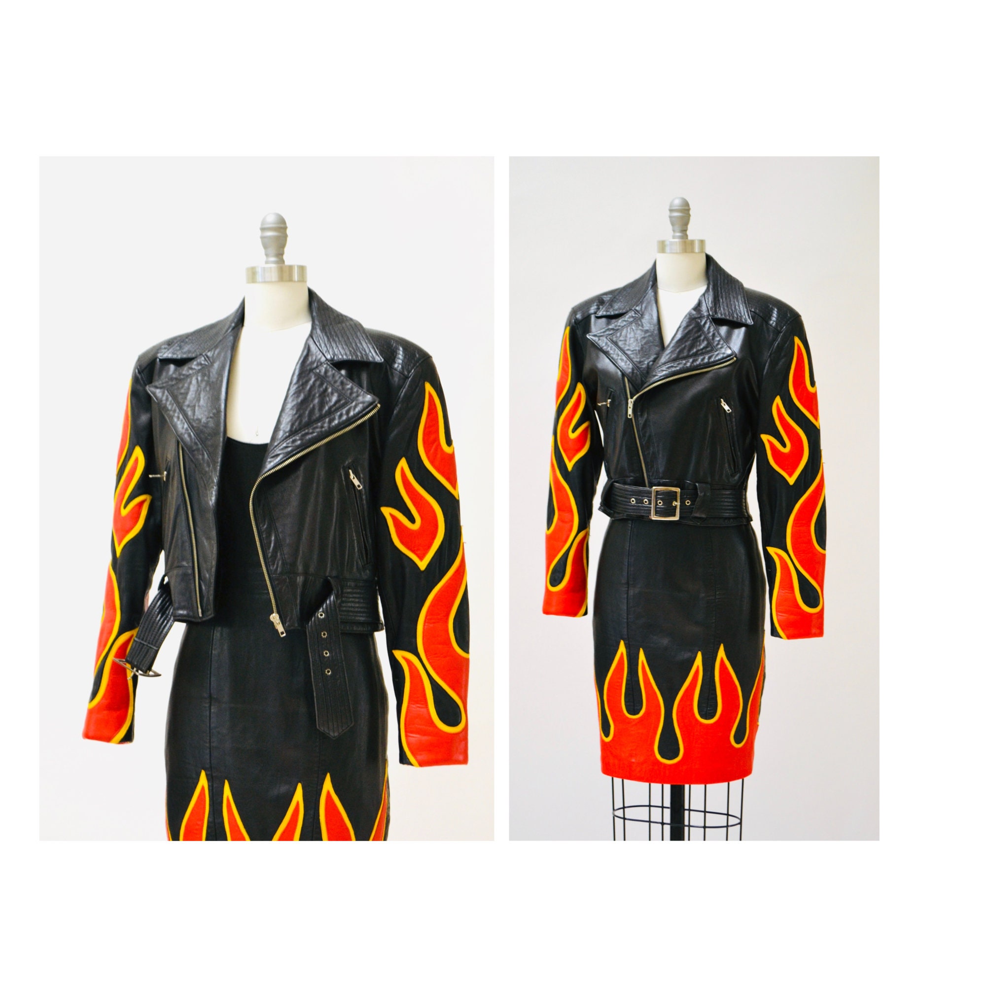 Black Hand Painted Yellow and Blue Flames Biker Jacket - Maker of