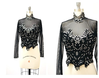 90s Black Sheer Rhinestone Showgirl Top Shirt Size Small Medium // Black Lace and mesh Sheer Long sleeve Top Rhinestone Dance Costume
