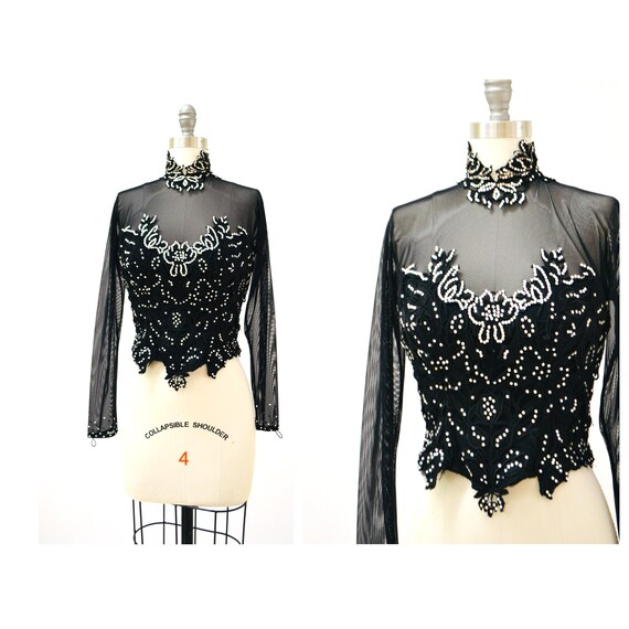 90s Black Sheer Rhinestone Showgirl Top Shirt Siz… - image 1