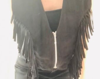 80s 90s Vintage Black Leather Fringe Vest Black Fringe leather Vest Cowboy Cowgirl Rodeo Biker Festival Vest Large Black Leather Vest