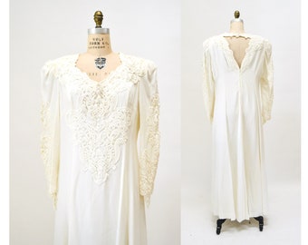 80s Prom Wedding Dress Off white Cream Lace Pearl Dress Gown large XL// Vintage 80s Off white Lace Long Sleeve Dress Bridesmaid Party dress