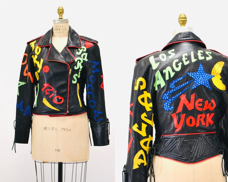 90s Vintage Black Leather Rhinestone Motorcycle Jacket by John Michael Los Angeles, New York, Rome, Tokyo, Paris Leather Biker Jacket Medium image 2