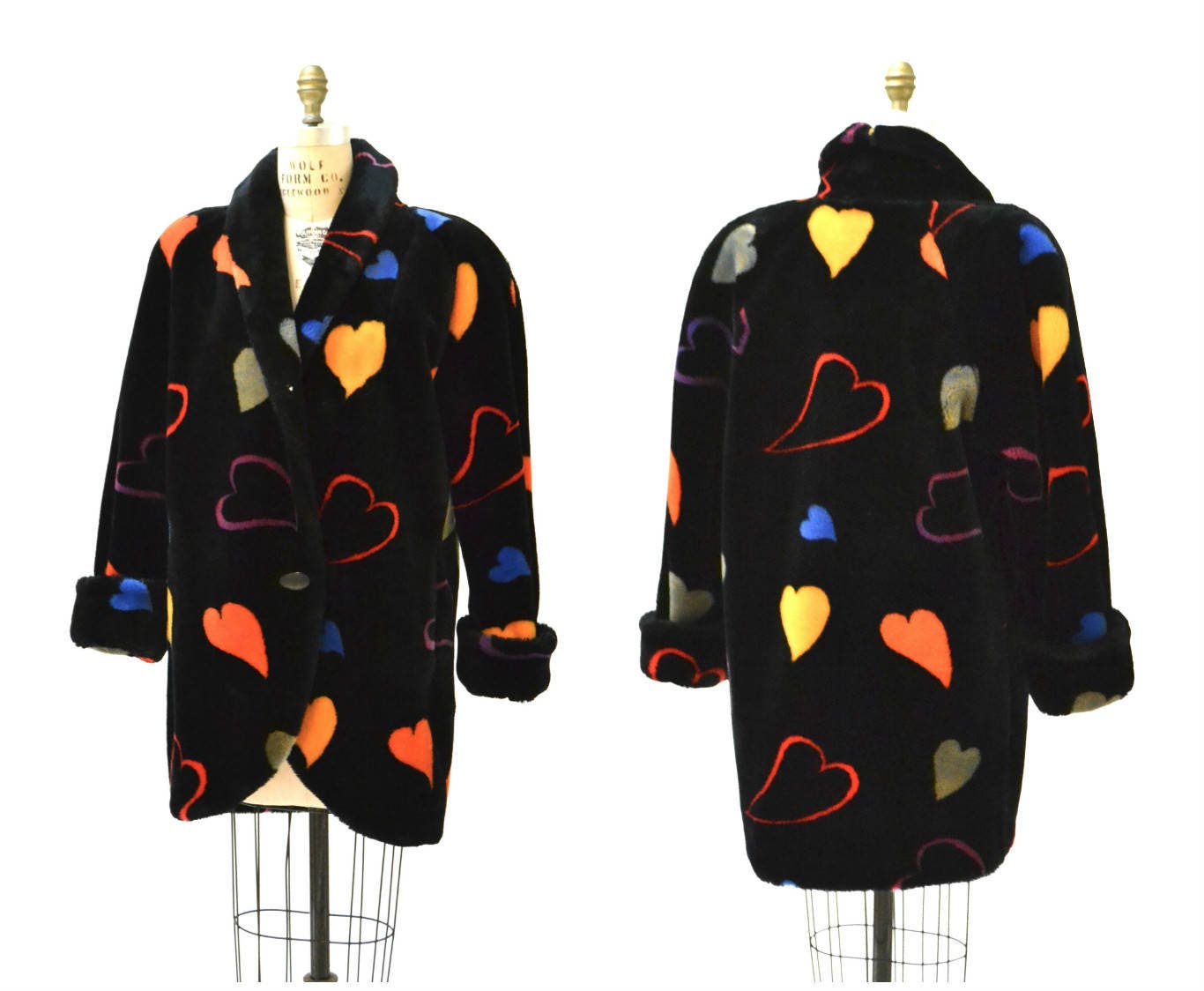 Vintage Black Faux Fur Jacket Coat with Hearts 90s pop art Rainbow Hearts Vintage Donny Brook Black with Hearts Coat Small Medium Gay Pride