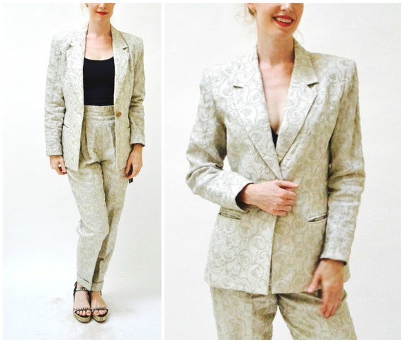 90s 00s Vintage Embroidered Linen Suit Jacket Pant