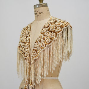 Vintage Gold Pearl White Cream Beaded Sequin Shawl Wrap Burlesque Wedding Flapper Gold Metallic Beaded Wedding Vintage Fringe Collar Shawl image 8