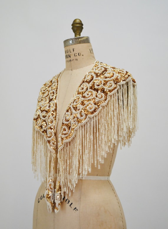 Vintage Gold Pearl White Cream Beaded Sequin Shaw… - image 8