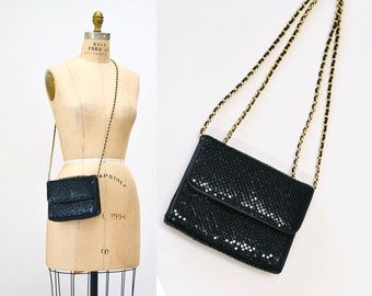Bolso de noche vintage negro de los años 80, monedero negro metalizado, Whiting and Davis // Bolso de noche pequeño vintage negro de malla con cadena dorada y metalizado.