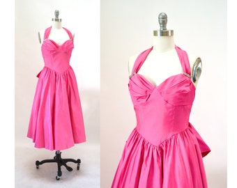 80s 90s Vintage Pink Party Prom Dress XS small Pink Halter Neck dress // Vintage 80s Party Cocktail Dress Crinoline Barbie Marilyn Monroe