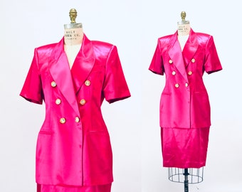 Vintage 80s 90s Bright Pink Fuchsia Satin Suit Jacket Skirt with Rhinestone Buttons Criscione Size Medium Large // 90s Glam Pink Barbie Suit