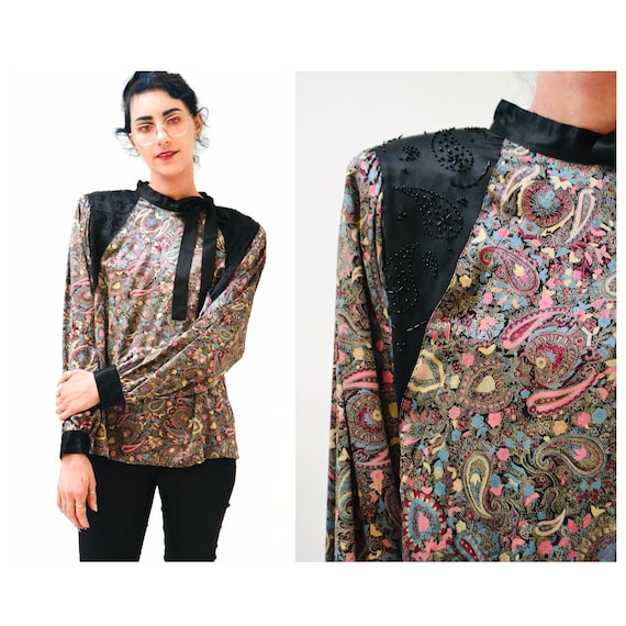 80s Vintage Paisley Print Silk Shirt Blouse Mediu… - image 1