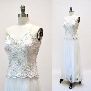 90s Vintage White Lace Prom Pageant Wedding Dress xxs XS Small 90s White Lace Slip Dress Pleated Chiffon Slip Dress with Metallic Lace Dress image 1