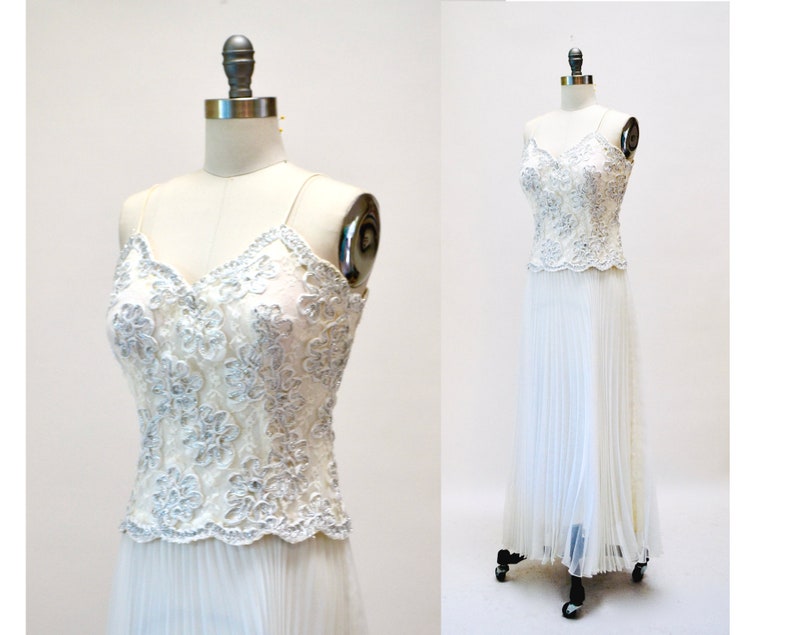 90s Vintage White Lace Prom Pageant Wedding Dress xxs XS Small 90s White Lace Slip Dress Pleated Chiffon Slip Dress with Metallic Lace Dress image 1