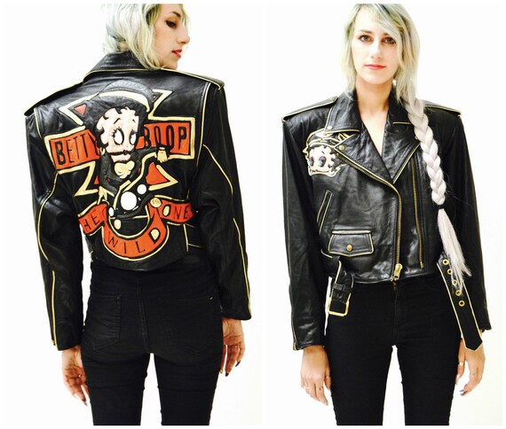 Vintage Black Leather Motorcycle Jacket Betty Boop