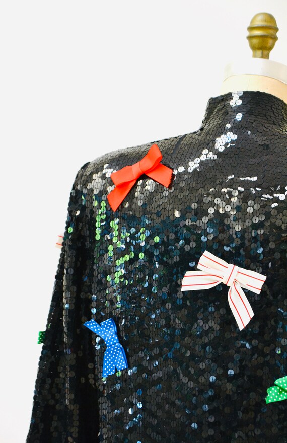 Vintage Black Sequin Jacket With Bows Ribbons 80s… - image 9