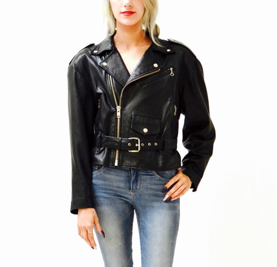 Vintage Black Leather Motorcycle Jacket Women Medium North 