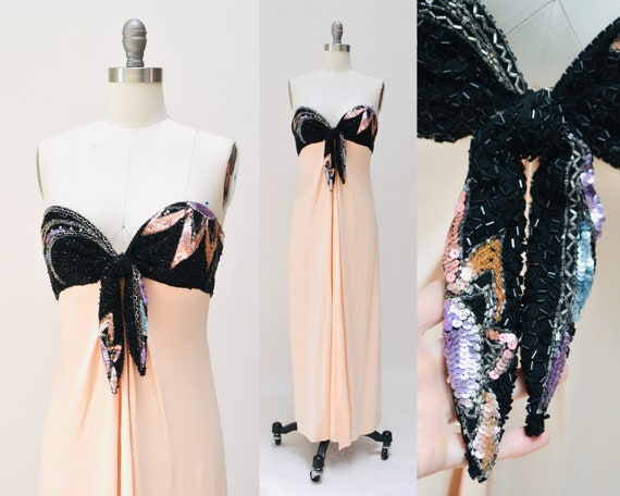 80s 90s Vintage Silk Sequin Gown Dress XXS XS By … - image 1