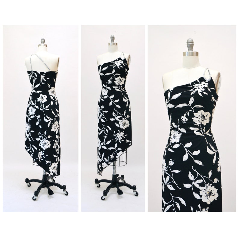Vintage 00s Y2K Bias Cut Silk Dress Cache Black White Floral Print Beaded one Shoulder Dress XS Small 90s 00s Y2k Silk Tank Black Dress image 1