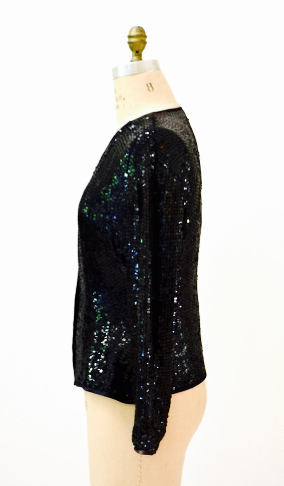 Vintage Black Sequin Jacket Medium// Black Silk S… - image 8