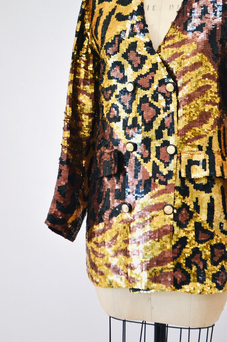 80s 90s Vintage Sequin Jacket Black Small Medium Leopard Cheetah Animal Pattern// 90s Metallic Gold Black Sequin Jacket French Collizioni image 4